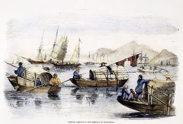 HONG KONG: HARBOR, 1857. Chinese sampans in the harbor of Hong Kong. Wood engraving, English, 1857