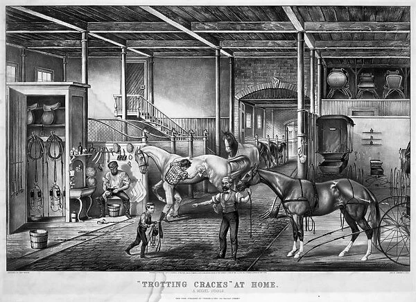 HORSE STABLES, 1868. Trotting Cracks at Home - A Model Stable. Lithograph by Currier & Ives