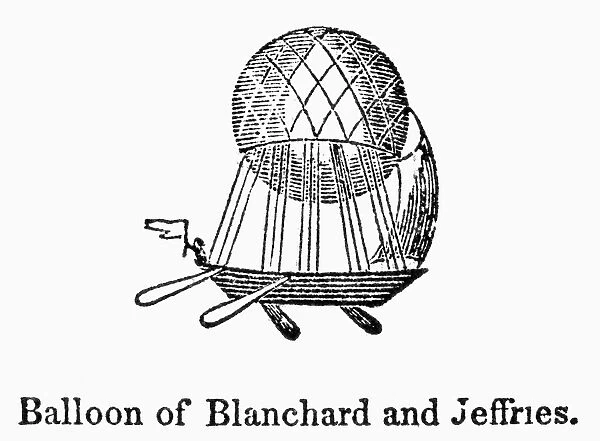 Hot air balloon designed by Jean Pierre Francois Blanchard, in which he crossed the English Channel with John Jeffries in 1785. Wood engraving, American, c1835