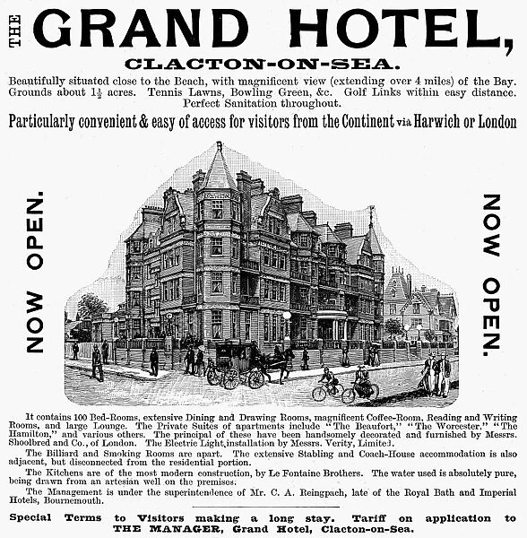 HOTEL ADVERTISEMENT, 1897. Advertisement for the Grand Hotel at Clacton-on-Sea, England, 1897