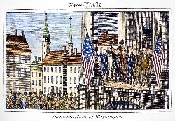 The inauguration of George Washington as the first President of the United States at Federal Hall, New York, 30 April 1789. Copper engraving, American, 1829