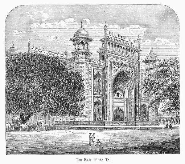 INDIA: TAJ MAHAL. View of the gateway of the Taj Mahal in Agra, India. Wood engraving, 19th century