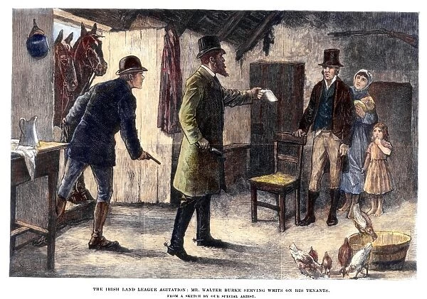 IRISH LAND LEAGUE, 1881. Following a wave of violence against process-servers inspired by the Irish Land League, a landlord and his servant carry loaded revolvers as he personally serves a writ of eviction to tenants in the west of Ireland, 1881. Contemporary English wood engraving