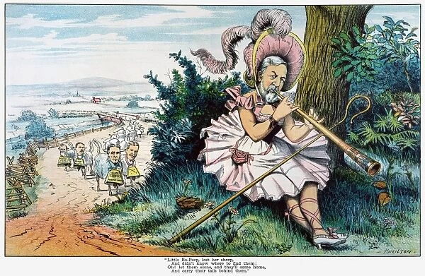 JAMES BLAINE CARTOON, 1884. An 1884 cartoon by Grant Hamilton showing James G. Blaine trying to lure strayed mugwumps back into the Republican party fold