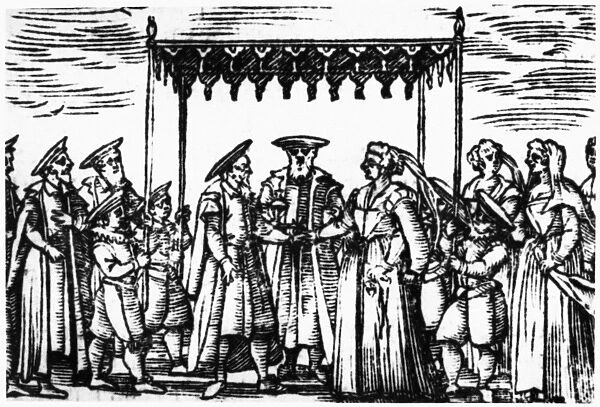JEWISH WEDDING, 1601. A Jewish wedding ceremony. Woodcut, Venice, 1601