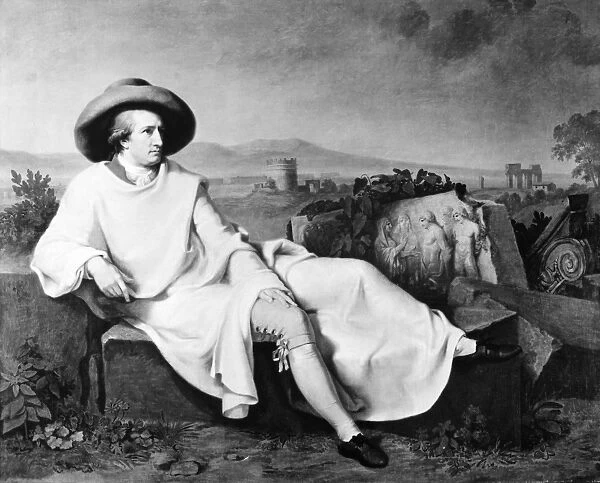 JOHANN GOETHE (1749-1832). Johann Wolfgang Goethe. German man of letters and poet. Goethe in the Roman Campagna, oil painting by Johann Heinrich Wilhelm Tischbein, 1787