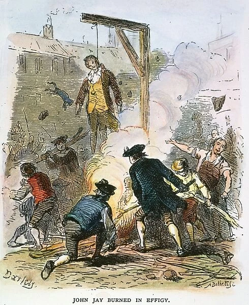 JOHN JAY: EFFIGY, 1794. Jeffersonians hanging and burning John Jay in effigy in 1794. Colored engraving, 19th century