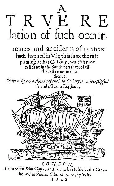 JOHN SMITH TITLE PAGE, 1608. Title page of John Smiths earliest work on Virginia