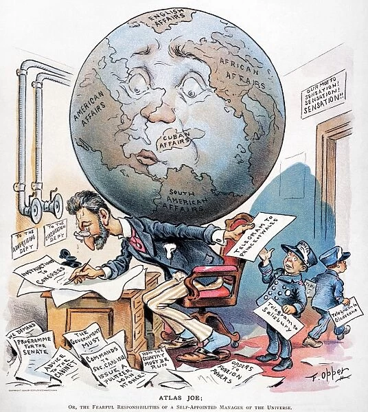 JOSEPH PULITZER CARTOON Atlas Joe : American cartoon, 1896, by Frederick Opper, showing Joseph Pulitzer (1847-1911) busily trying to influence world affairs through his newspapers and through memorandums to authorities and world leaders