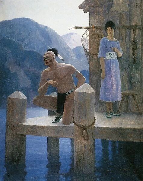 Judith went herself on the platform... [where] she found Chingachgook studying the shores of the lake. Illustration by N.C. Wyeth to a 1925 edition of The Deerslayer by James Fenimore Cooper