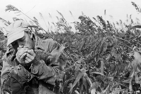 KANSAS: TOBACCO, 1938. A man lighting a cigarette in a tobacco field in Coffey County, Kansas