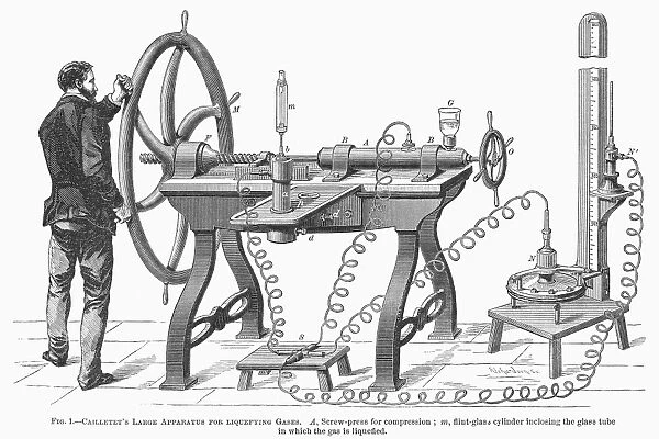 LIQUEFYING GAS, 1878. Louis-Paul Cailletets apparatus for liquefying oxygen. Wood engraving