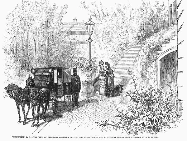 LUCRETIA GARFIELD (1832-1918). Wife of President James A. Garfield. Mrs. Garfield leaving the White House for and evening ride. Engraving from an American newspaper, 1881