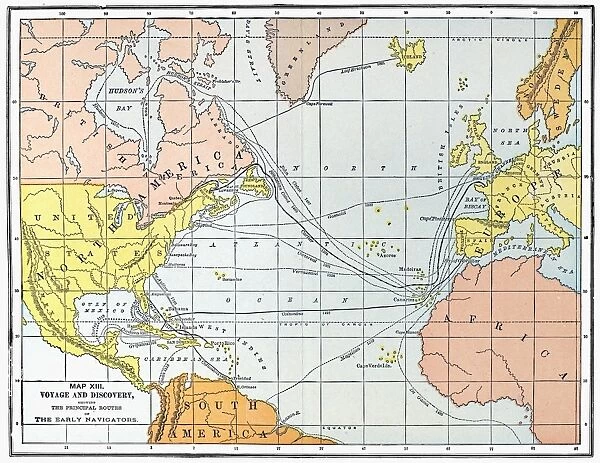 MAP: ATLANTIC VOYAGES. Map showing the routes of the major European voyages of discovery