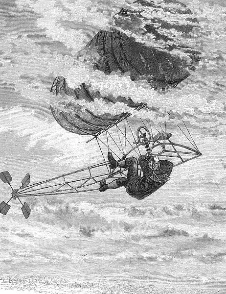 Mark Quinlan nearly falling from a one-man dirigible during a flight over Hartford, Connecticut in June 1878. The dirigible was designed and built by Charles Ritchel. Contemporary American engraving
