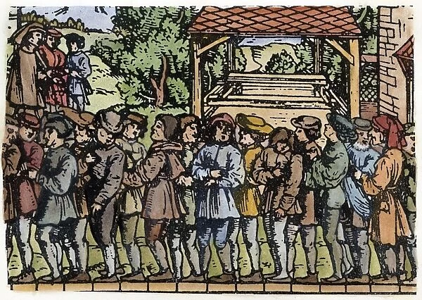 MEASUREMENT, 16th CENTURY. Sixteen men, lined up heel to toe, set the standard for the rute