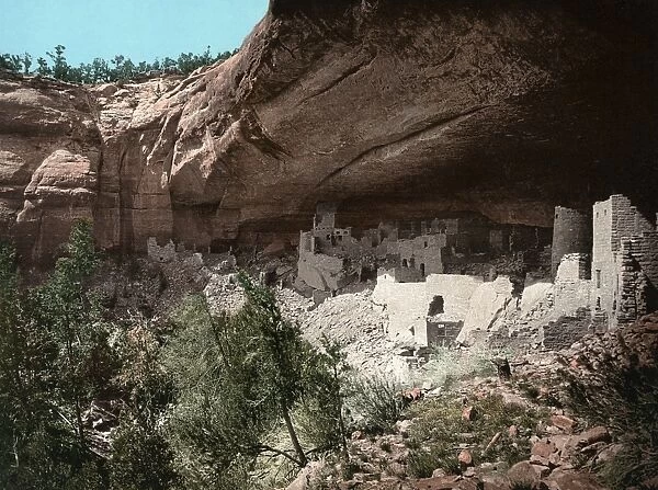 MESA VERDE, COLORADO. Prehistoric Pueblo Native American dwelling ruins at Mesa Verde National Park, Colorado. Photochrome print, c1898