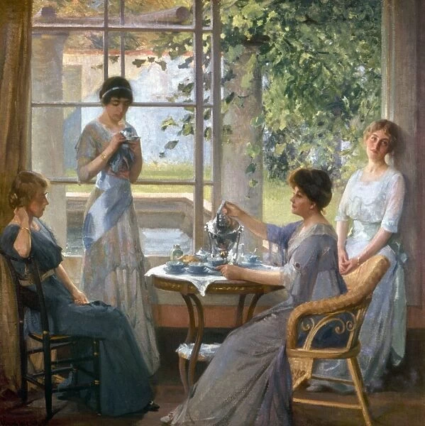 Mrs Wilson and her daughters, Margaret, Eleanor, and Jessie, which depicts Woodrow Wilsons wife, Ellen, and their daughters. Oil on canvas by Robert William Vonnoh, 1913