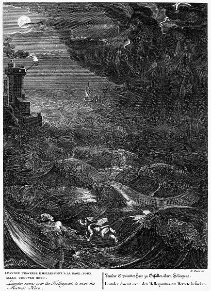 MYTHOLOGY: LEANDER. Leander swims across the Hellespont to meet his Mistress Hero. Copper engraving, French, 18th century