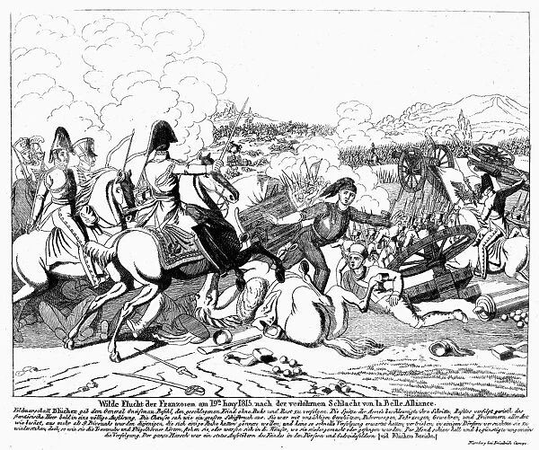 NAPOLEON I: WATERLOO, 1815. Emperor Napoleon I of France fleeing the Battle of Waterloo at La Belle Alliance, 18 June 1815. Contemporary German wood engraving