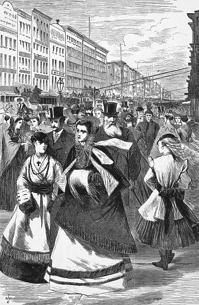 NEW YORK: BROADWAY, 1868. Fashionable shoppers on Broadway, near Houston Street in New York City. Wood engraving, 1868