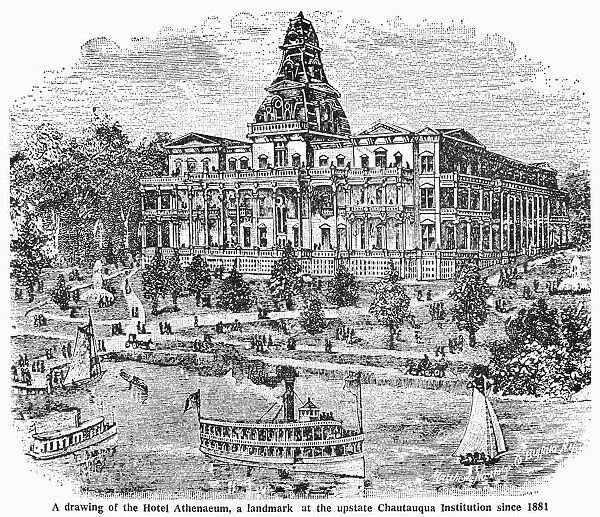 NEW YORK: CHAUTAUQUA. The Hotel Athenaeum, on Chautauqua Lake, New York. Drawing, 1881