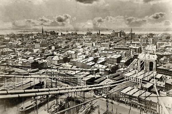 NEW YORK CITY, 1881. Downtown Manhattan from the Brooklyn Bridge. Photograph, 1881