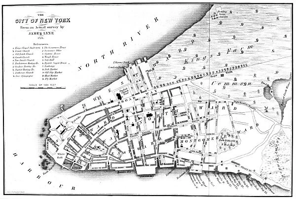 NEW YORK CITY MAP, 1728. Engraving, after a survey by James Lyne, 1728