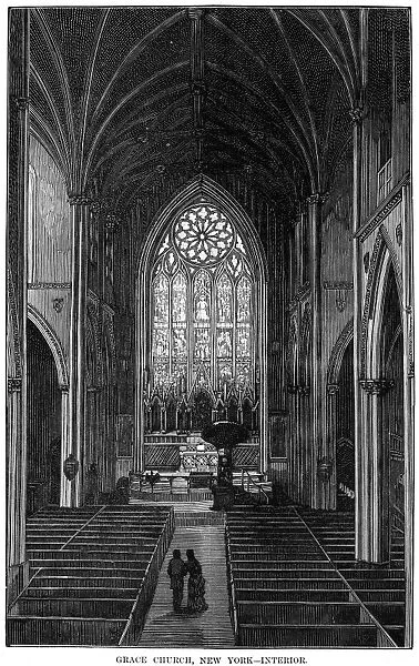 NEW YORK: GRACE CHURCH. Interior of Grace Church at Broadway and 10th Street, Manhattan, designed by James Renwick. Line engraving, 1883