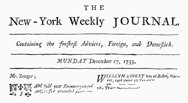 NEW YORK WEEKLY JOURNAL. Masthead of the New York Weekly Journal, 17 December 1733