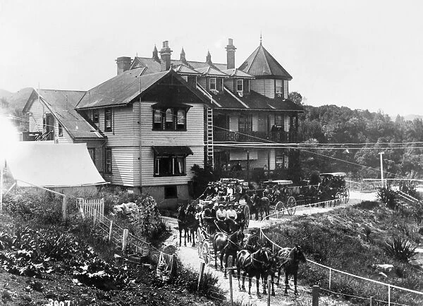 NEW ZEALAND: HOTEL, 1901. Guests at the Waitomo Caves Hotel leaving by coach to visit the caves