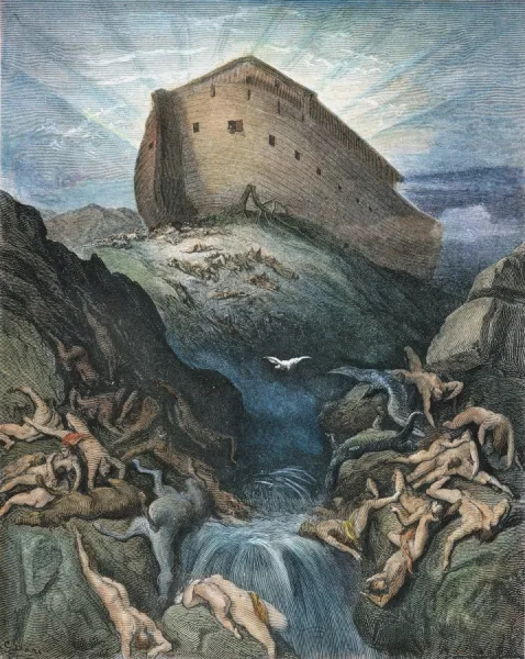 NOAHs ARK. The Dove sent forth from Noahs Ark (Genesis 8: 11). Engraving after Gustave Dor