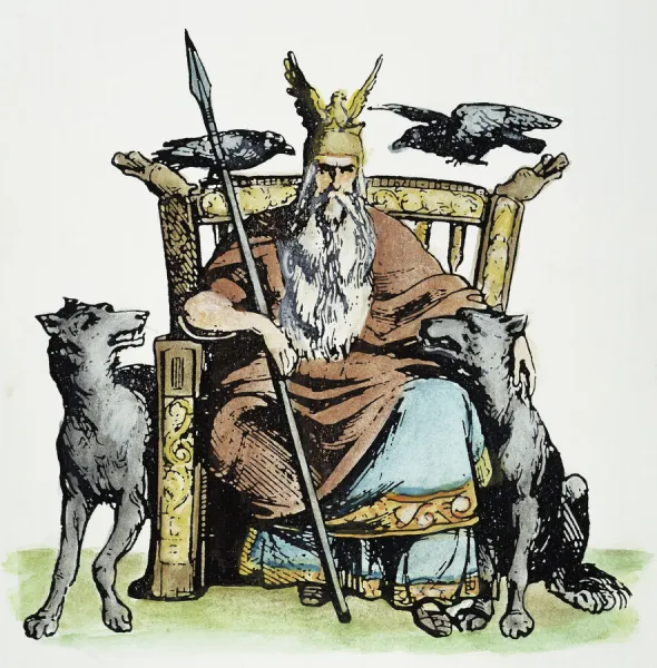 NORSE GOD ODIN (WODEN). God of wisdom, poetry, war and agriculture. Line engraving