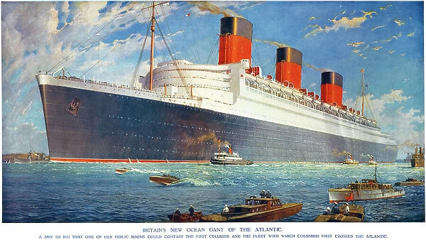 OCEAN LINER QUEEN MARY. The Cunard White Star liner Queen Mary launched in 1934. Painting, 1934, by William McDowell