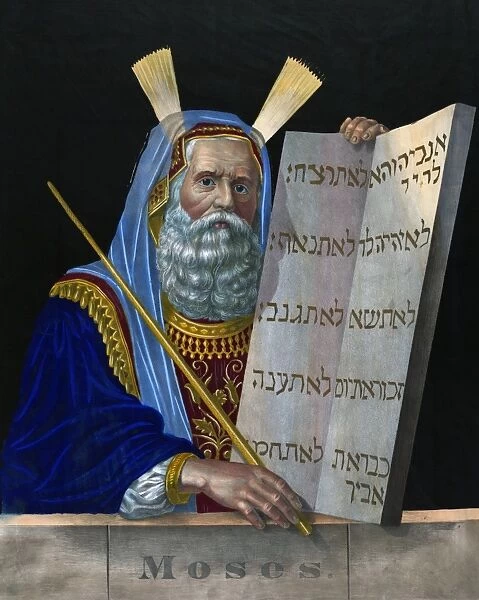 OLD TESTAMENT: MOSES. Portrait of Moses holding the Ten Commandments. Lithograph by Henry Schile