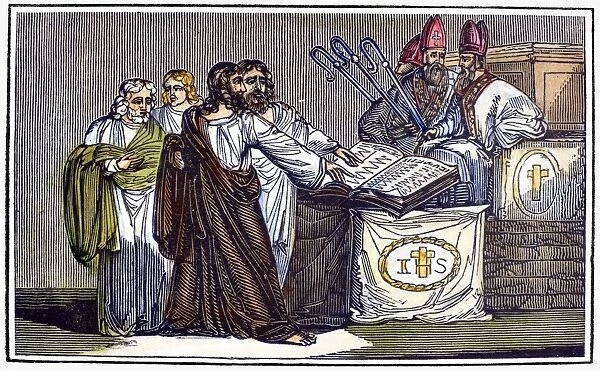 PETER WALDO (d. c1218). French religious leader who founded the Waldenses. Waldo at the third Lateran Council at Rome in 1179 seeking confirmation of himself and his followers as lay preachers. Wood engraving, early 19th century