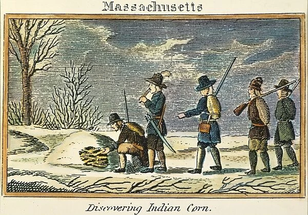 PILGRIMS: NATIVE AMERICAN CORN. Pilgrims discovering Native American corn. Line engraving, American, 1829