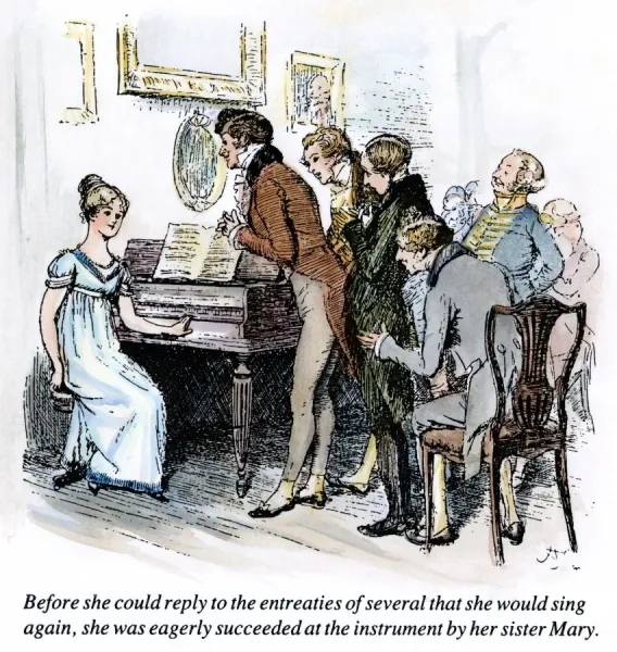 PRIDE & PREJUDICE, 1894. Mary Bennet entertaining the party at Netherfield