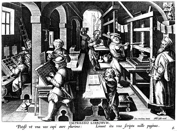 THE PRINTING OF BOOKS. Copper engraving by Theodor Galle (c1570-1633) after Jan van der Straet, from Nova Reperta, Antwerp, late 16th century