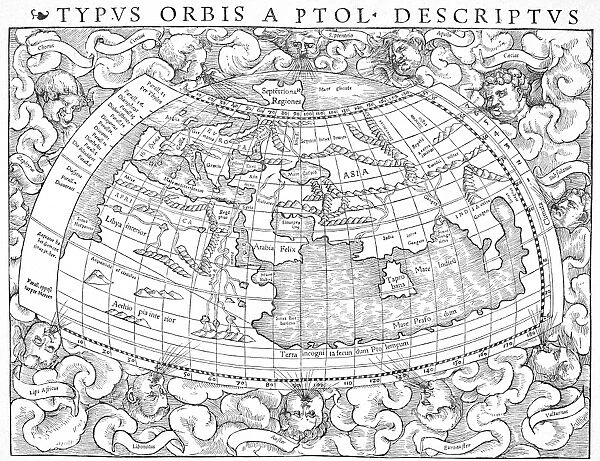 PTOLEMY: GEOGRAPHY. Woodcut map of Europe, Africa and Asia from a 1545 edition