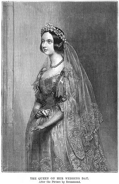 QUEEN VICTORIA (1819-1901). Queen of Great Britain, 1837-1901. In her wedding dress: wood engraving, 19th century