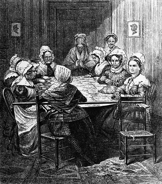 QUILTING PARTY, 1864. A quilting party in a New England kitchen. Wood engraving, American, 1864
