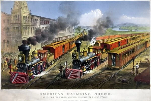 RAILROAD, 1874. American railroad scene: Lightning Express trains leaving the junction