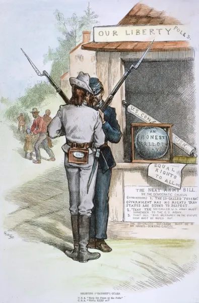 RECONSTRUCTION, 1879. Cartoon, 1879, by Thomas Nast on the ending of Black enfranchisement with the passing of the Reconstruction period in the South