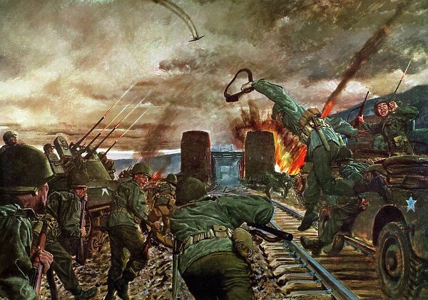 Remagen Bridgehead: the 27th Armored Infantry Batallion of the U.S. Army 9th Division crossing the Rhine River over the Ludendorff Bridge at Remagen, Germany, 7 March 1945. Painting by H. Charles McBarron, Jr