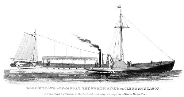 Robert Fultons steamboat, Clermont, built in 1807. Wood engraving, 19th century