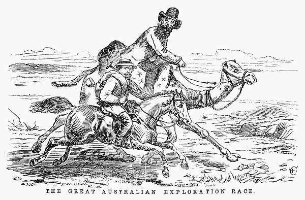 ROBERT O HARA BURKE (1820-1861). Irish explorer in Australia. The Great Australian Exploration Race. Burke, on a camel, competes with the Australian explorer John McDuall Stuart. Cartoon from an Australian neswspaper of November 1860