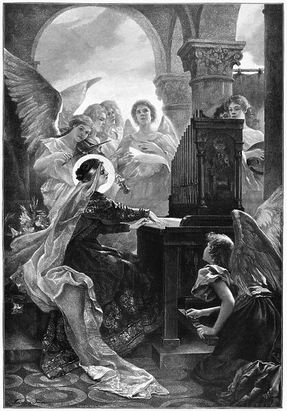 SAINT CECILIA (d. 230). Christian martyr and patron saint of music. Engraving, 1898
