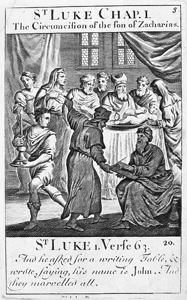 SAINT JOHN THE BAPTIST. The circumcision of the son of Zacharius (St. Luke 1: 63). Copper engraving, English, 18th century