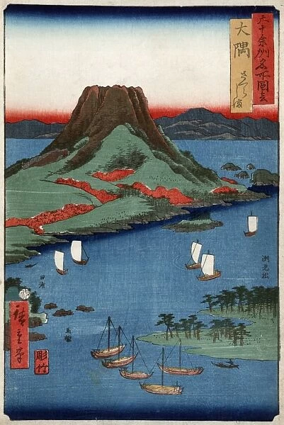 SAKURA ISLAND: SAKURAJIMA. Woodcut by Ando Hiroshige depicting the volcano Sakurajima at Osumi on Sakura Island with sailing ships surrounding it, 1854